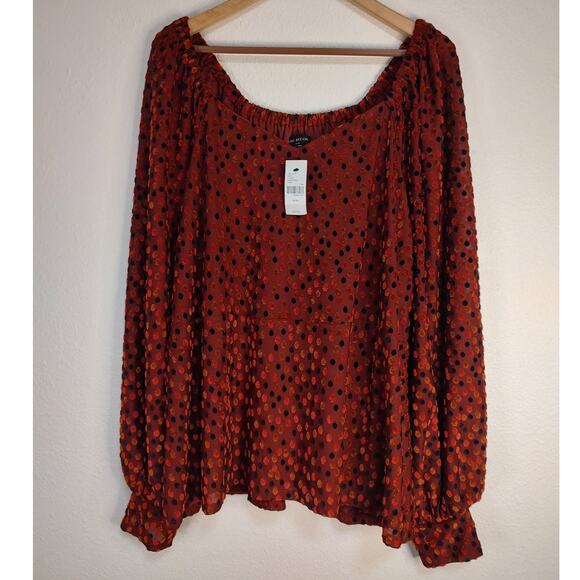 Lane Bryant Tops - Lane Bryant Red Tan Black Embroidered Polka-Dot Long Balloon Sleeve Blouse 26/28